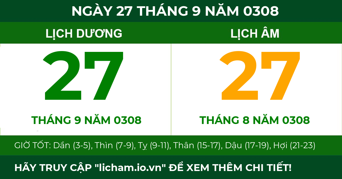 lịch âm ngày 27 tháng 9 năm 0308
