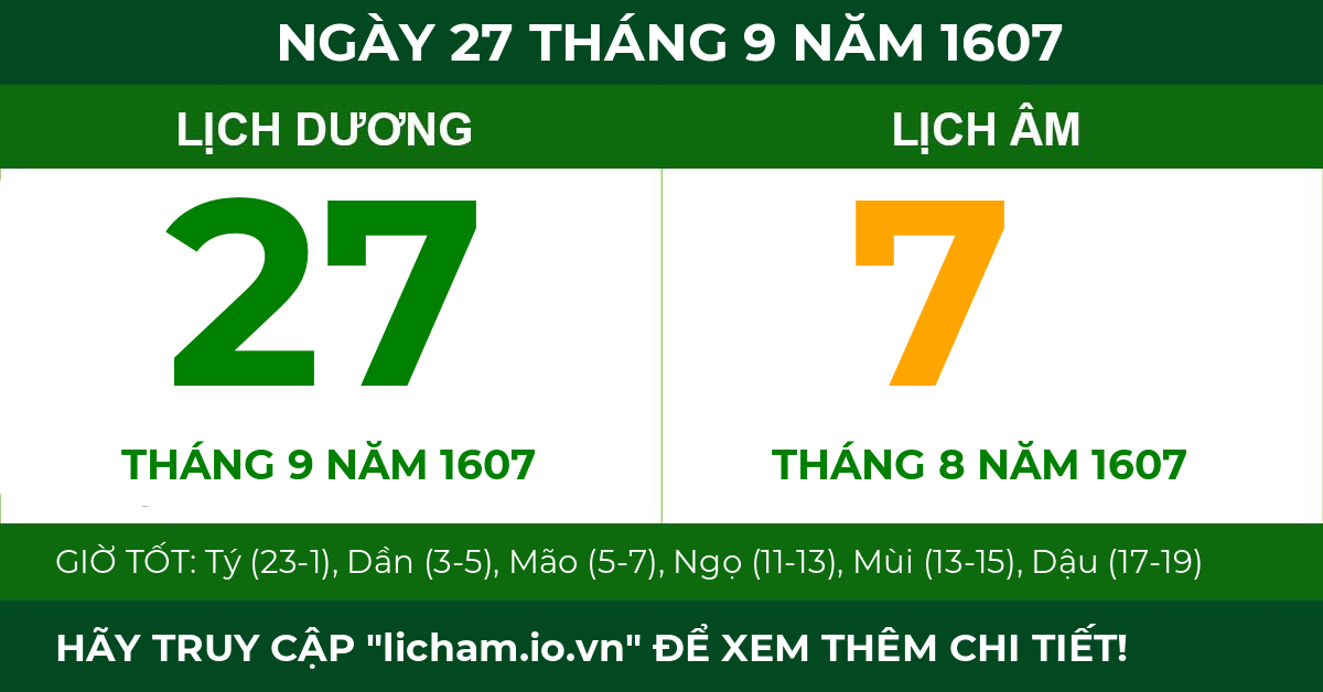 lịch âm ngày 27 tháng 9 năm 1607