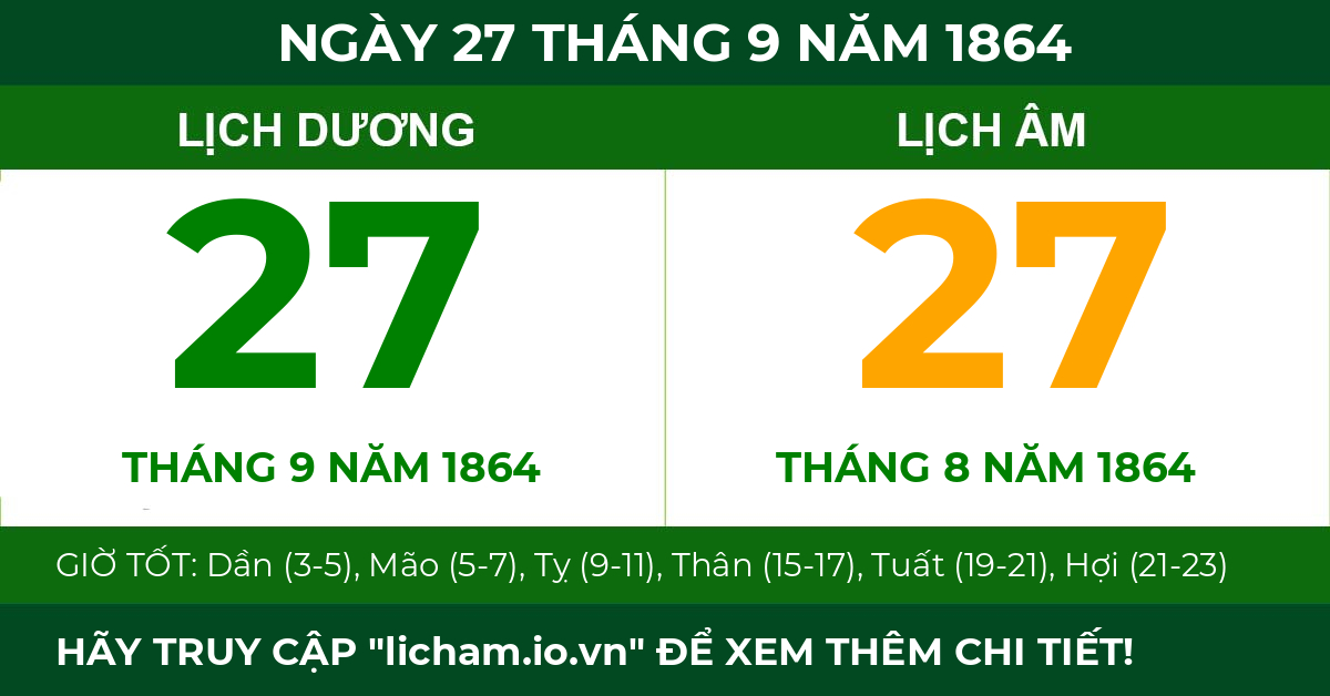 lịch âm ngày 27 tháng 9 năm 1864