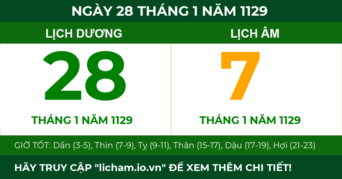 lịch âm ngày 28 tháng 1 năm 1129