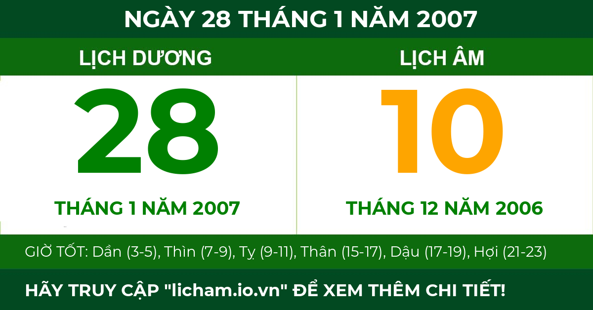 lịch âm ngày 28 tháng 1 năm 2007