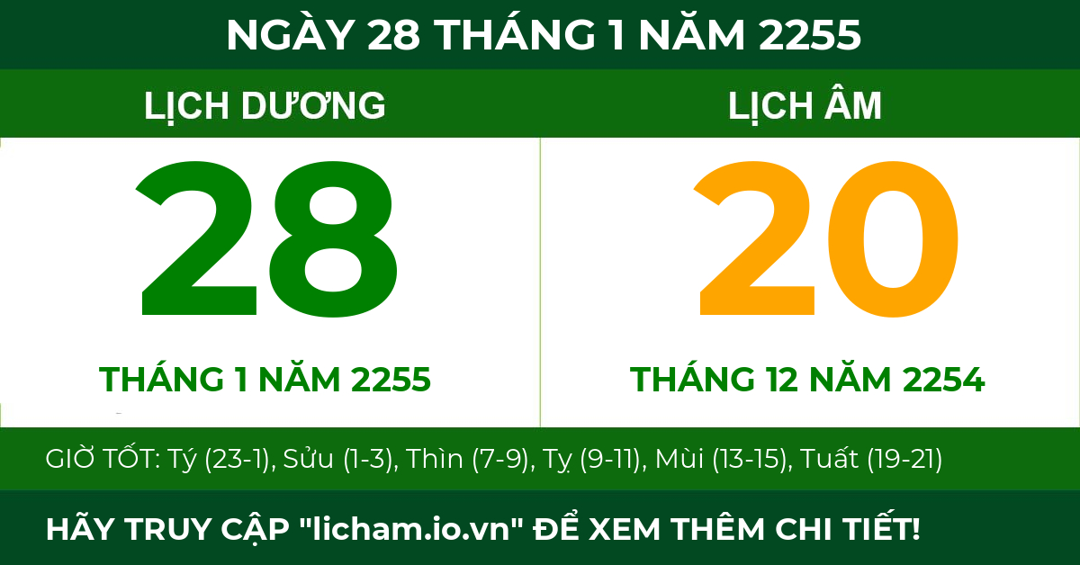 lịch âm ngày 28 tháng 1 năm 2255