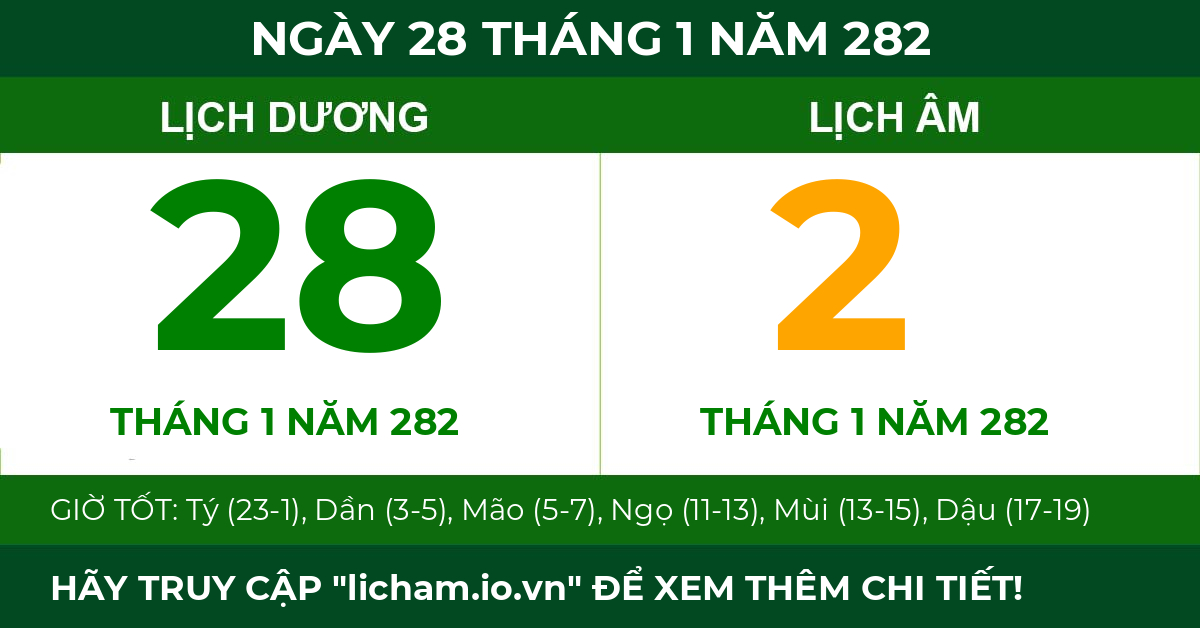 lịch âm ngày 28 tháng 1 năm 282