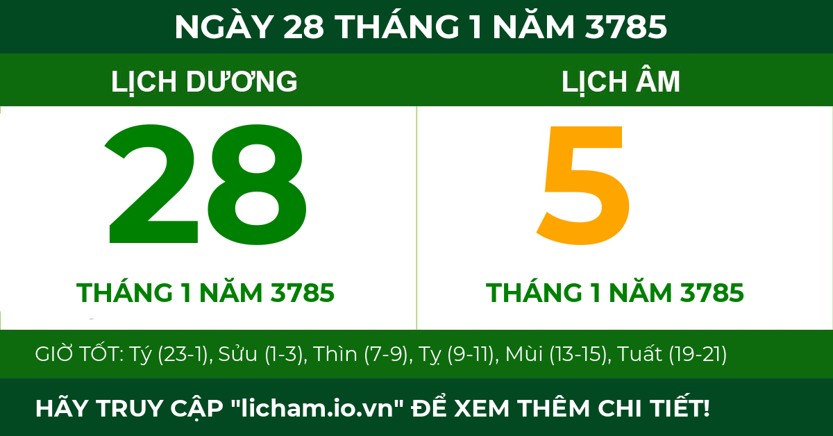 lịch âm ngày 28 tháng 1 năm 3785
