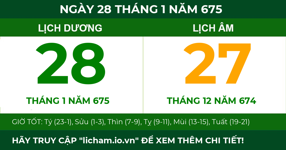 lịch âm ngày 28 tháng 1 năm 675