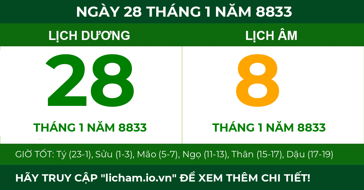 lịch âm ngày 28 tháng 1 năm 8833