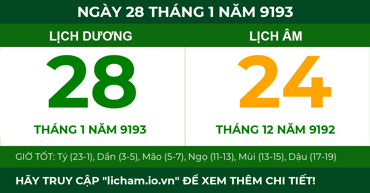 lịch âm ngày 28 tháng 1 năm 9193