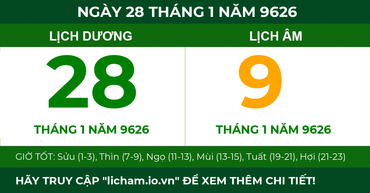 lịch âm ngày 28 tháng 1 năm 9626