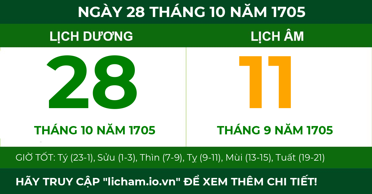 lịch âm ngày 28 tháng 10 năm 1705