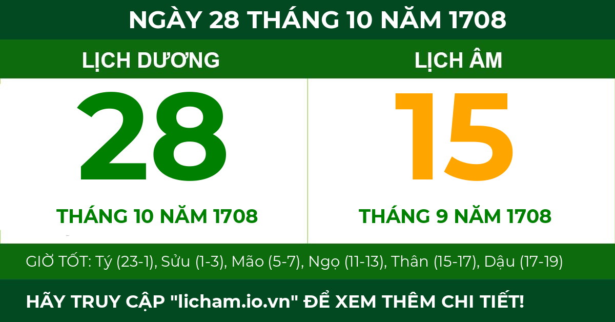 lịch âm ngày 28 tháng 10 năm 1708