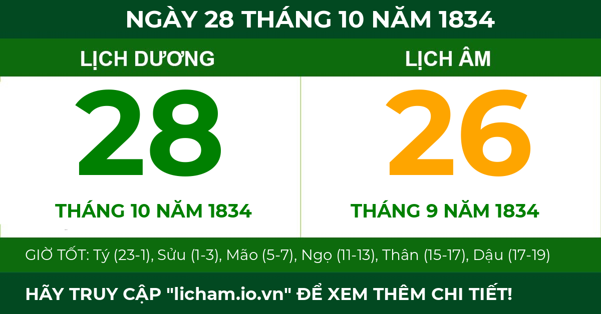 lịch âm ngày 28 tháng 10 năm 1834