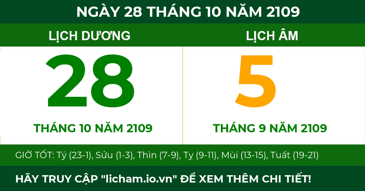 lịch âm ngày 28 tháng 10 năm 2109