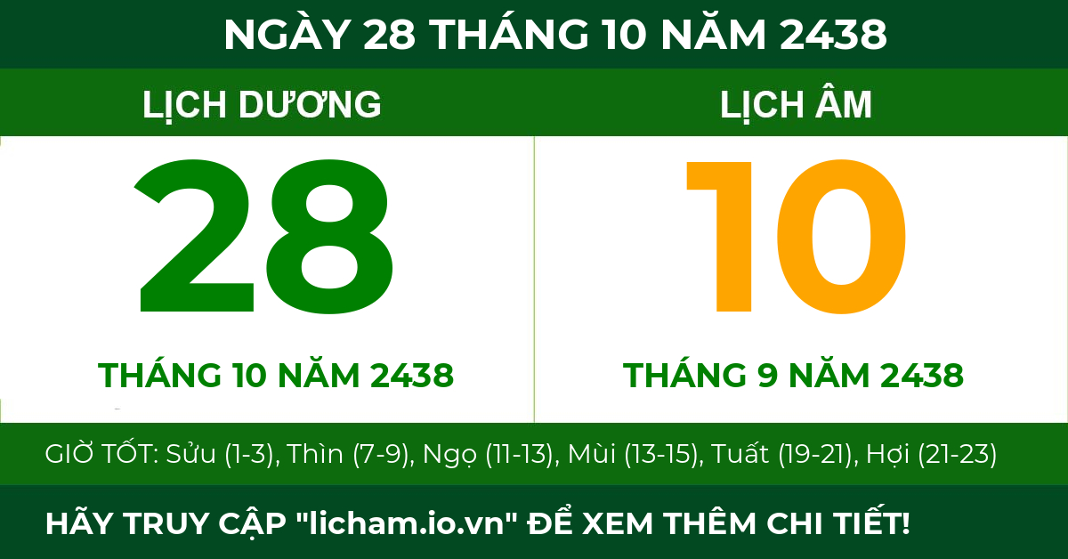 lịch âm ngày 28 tháng 10 năm 2438
