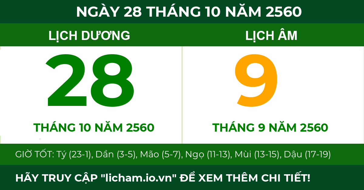 lịch âm ngày 28 tháng 10 năm 2560