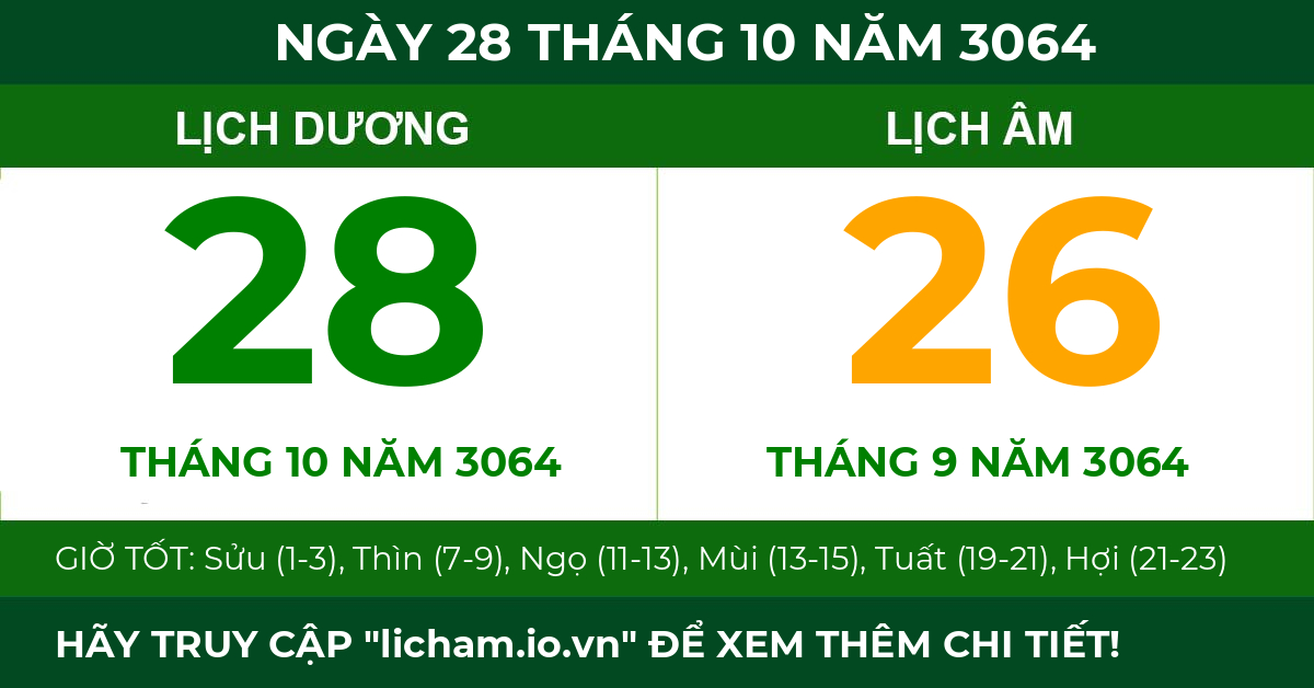 lịch âm ngày 28 tháng 10 năm 3064
