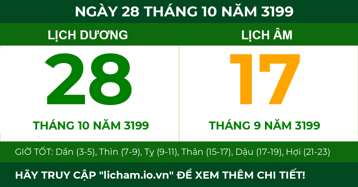 lịch âm ngày 28 tháng 10 năm 3199