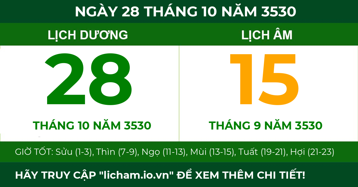 lịch âm ngày 28 tháng 10 năm 3530