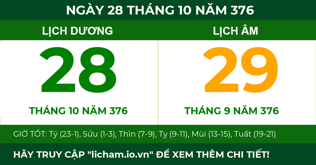 lịch âm ngày 28 tháng 10 năm 376