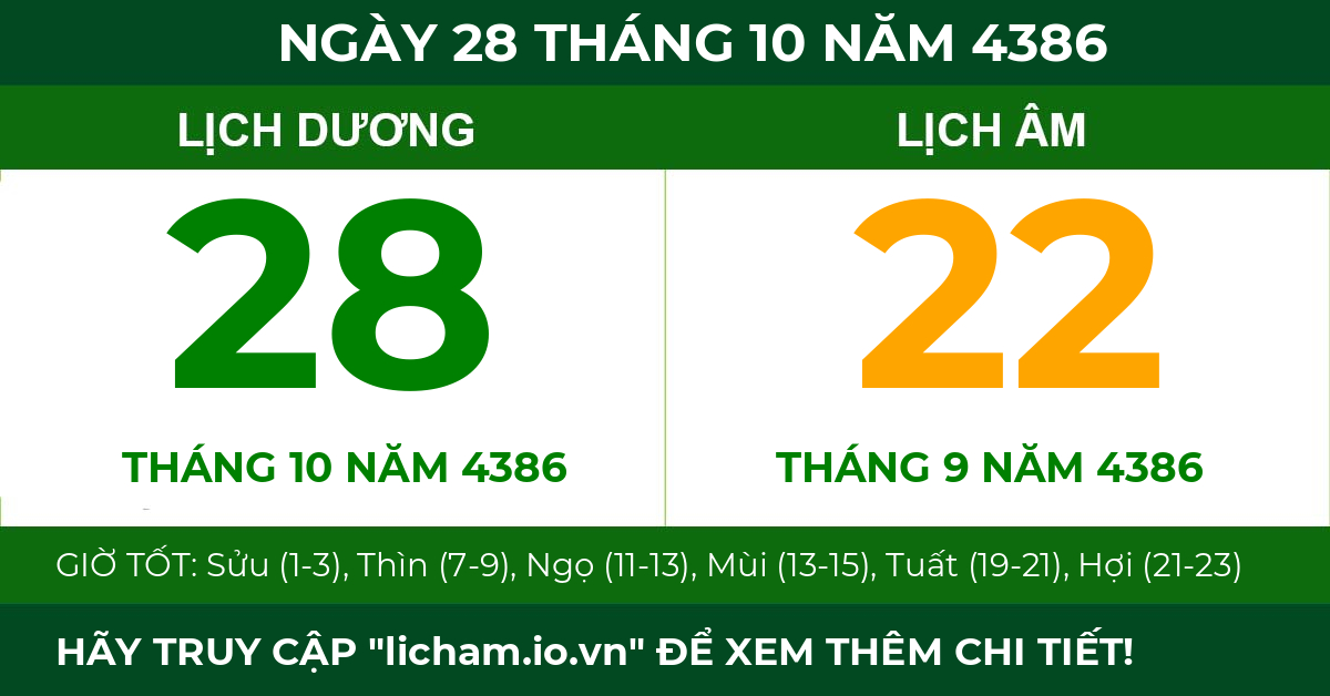 lịch âm ngày 28 tháng 10 năm 4386