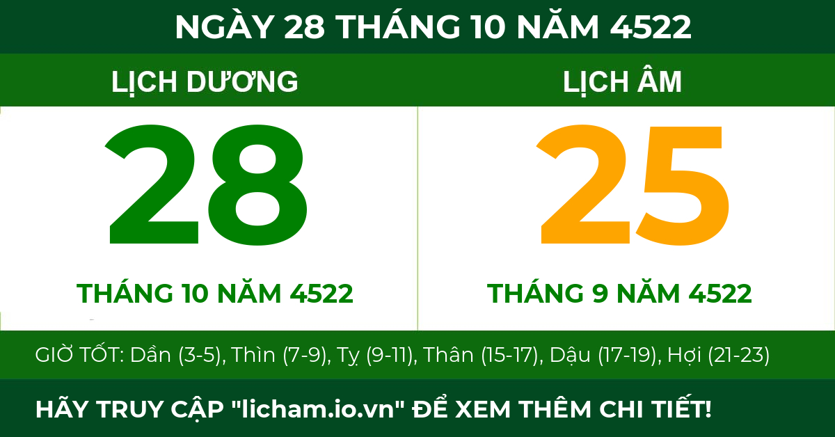 lịch âm ngày 28 tháng 10 năm 4522