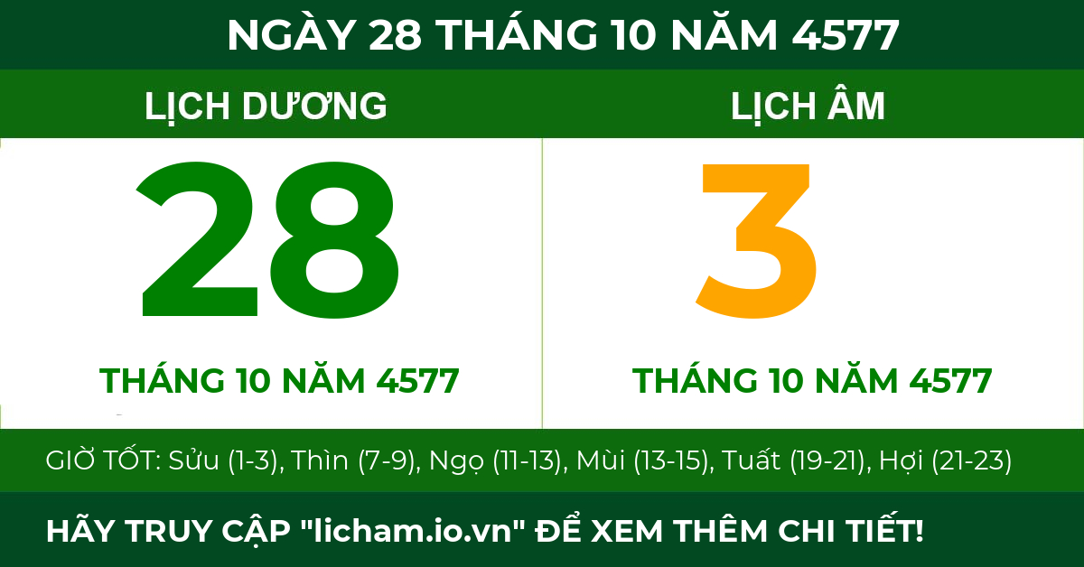 lịch âm ngày 28 tháng 10 năm 4577
