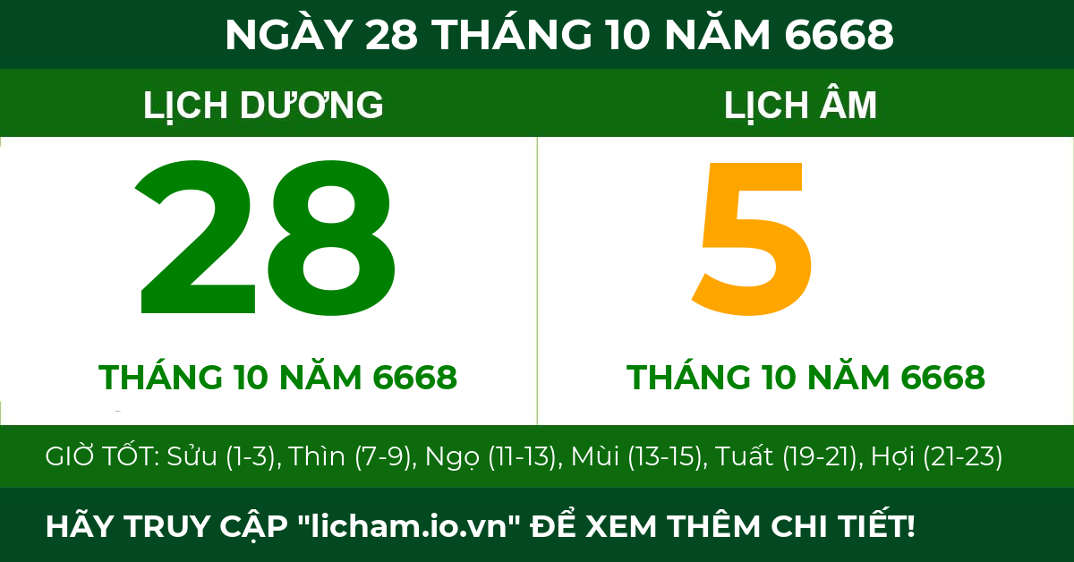 lịch âm ngày 28 tháng 10 năm 6668