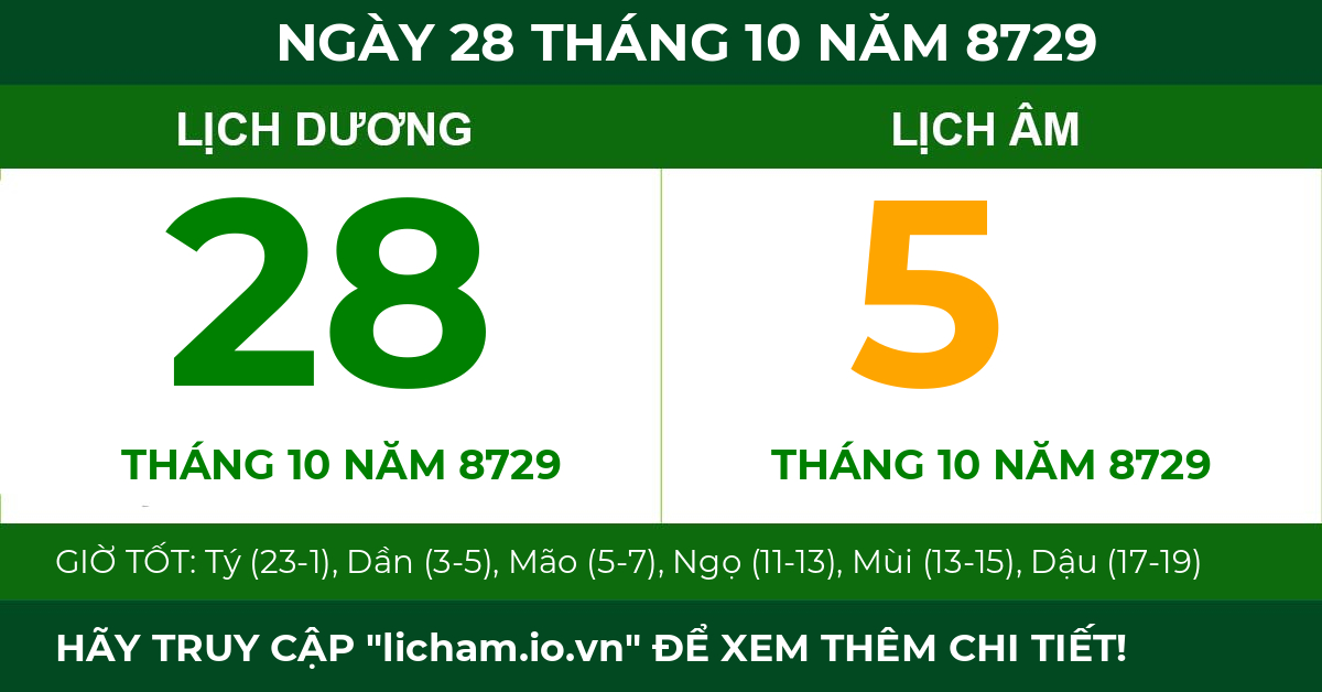 lịch âm ngày 28 tháng 10 năm 8729