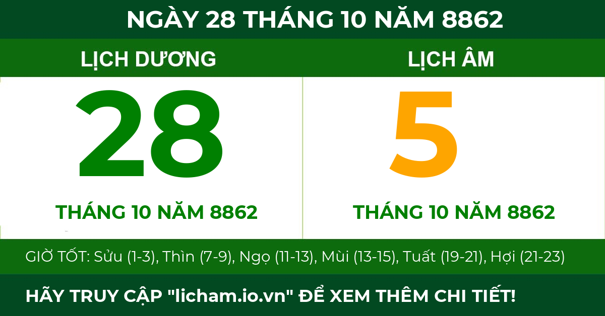 lịch âm ngày 28 tháng 10 năm 8862