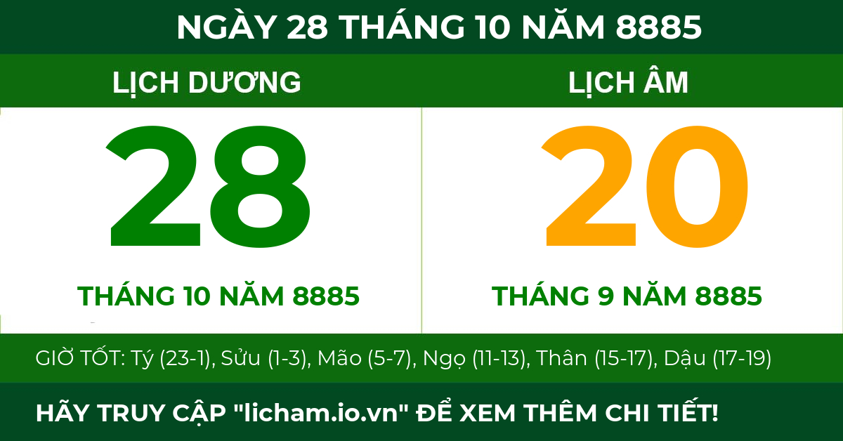 lịch âm ngày 28 tháng 10 năm 8885