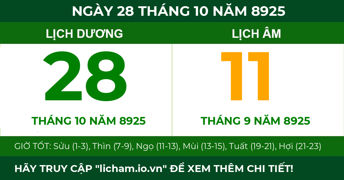 lịch âm ngày 28 tháng 10 năm 8925