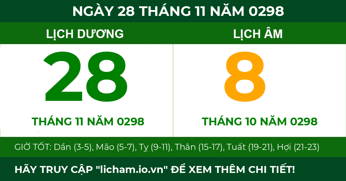 lịch âm ngày 28 tháng 11 năm 0298