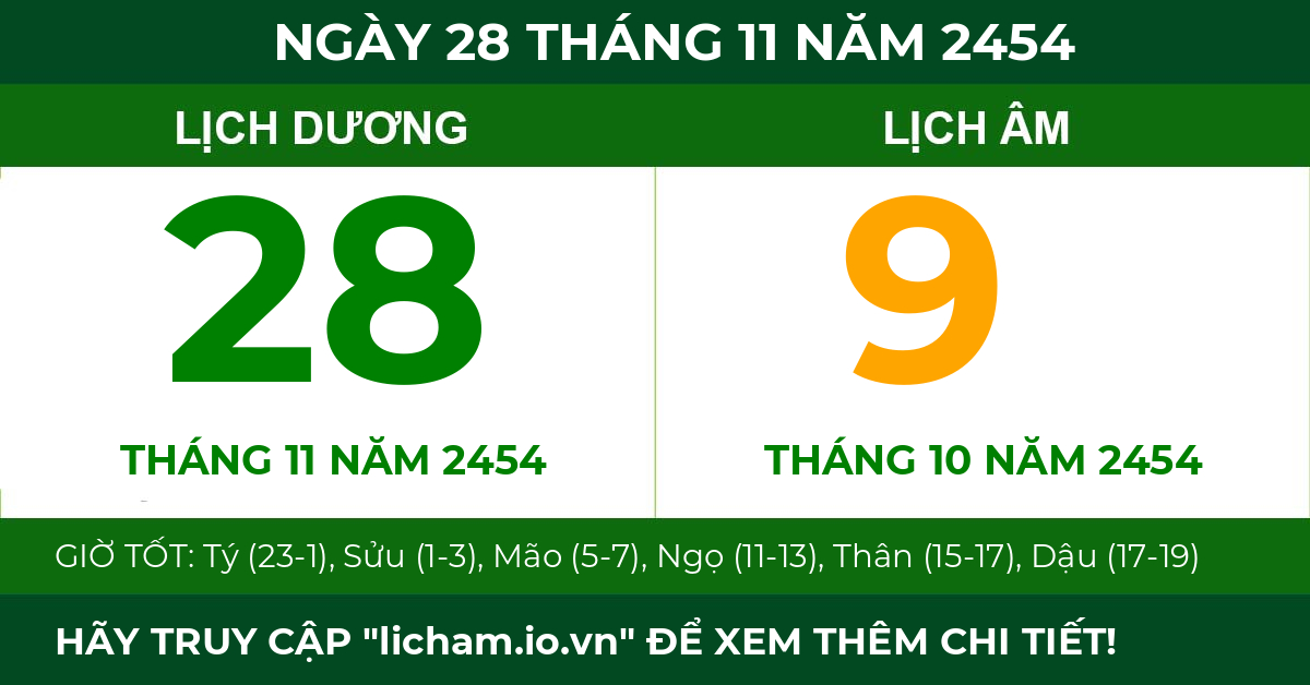 lịch âm ngày 28 tháng 11 năm 2454