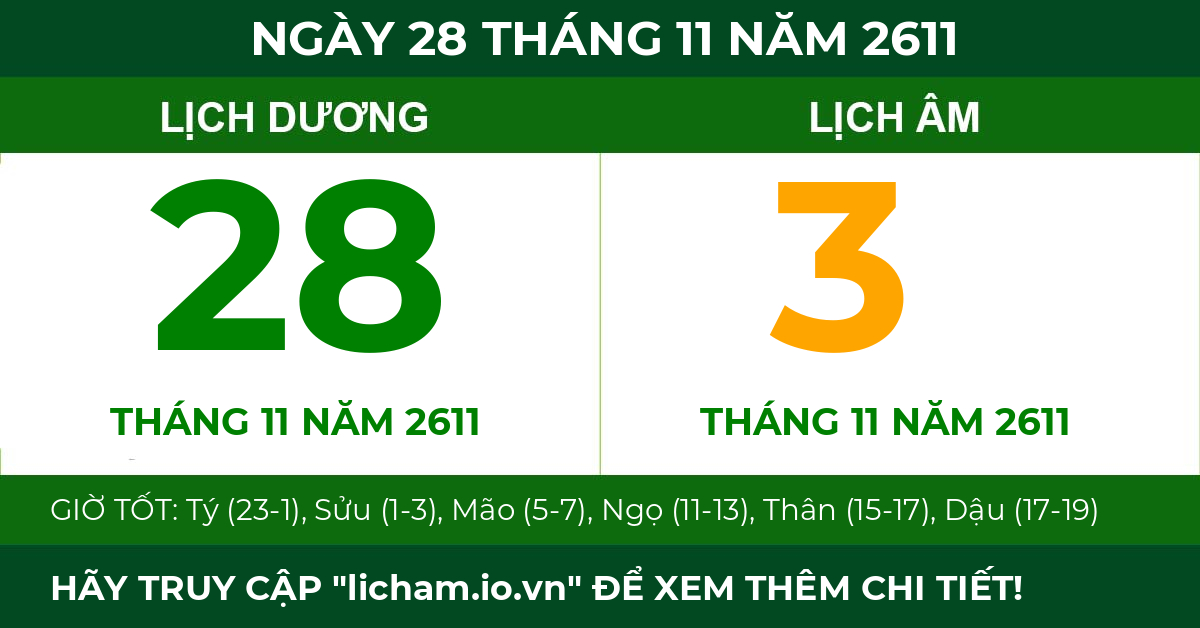 lịch âm ngày 28 tháng 11 năm 2611