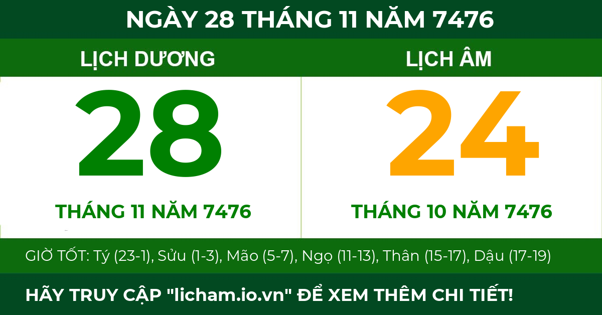 lịch âm ngày 28 tháng 11 năm 7476