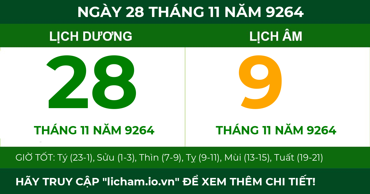 lịch âm ngày 28 tháng 11 năm 9264