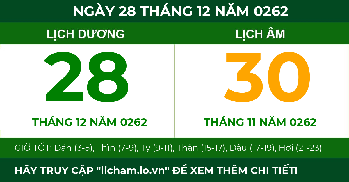 lịch âm ngày 28 tháng 12 năm 0262