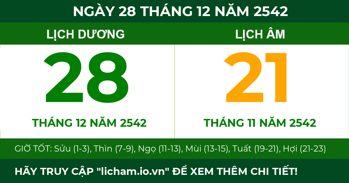 lịch âm ngày 28 tháng 12 năm 2542