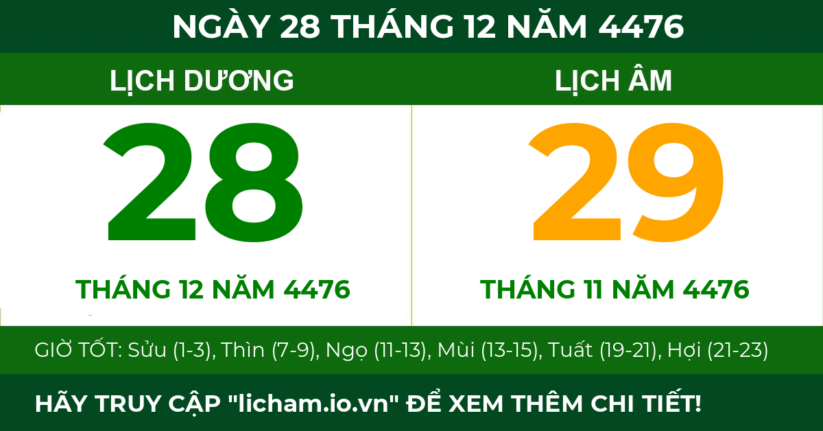 lịch âm ngày 28 tháng 12 năm 4476
