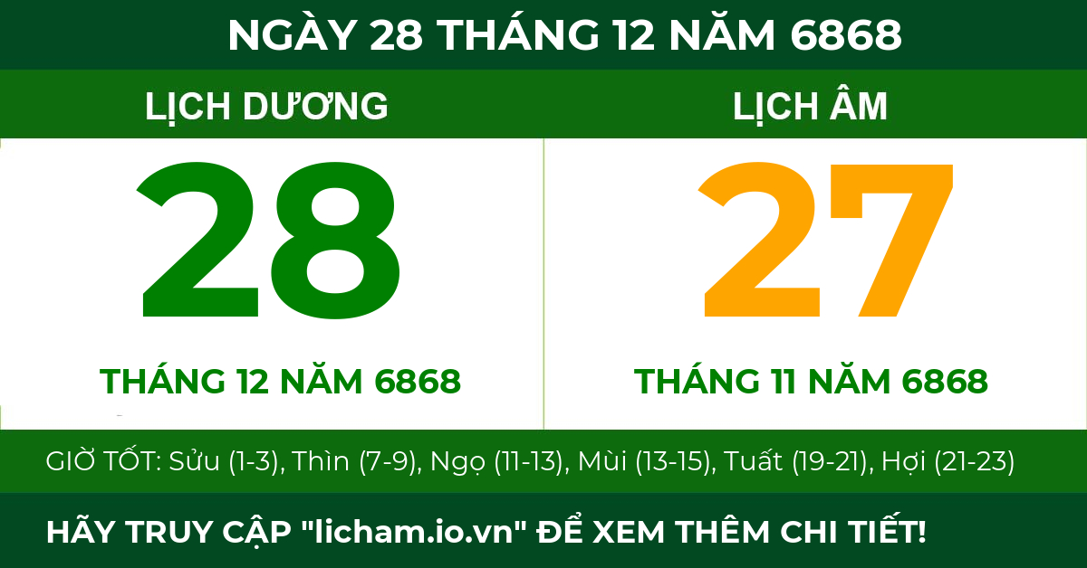 lịch âm ngày 28 tháng 12 năm 6868