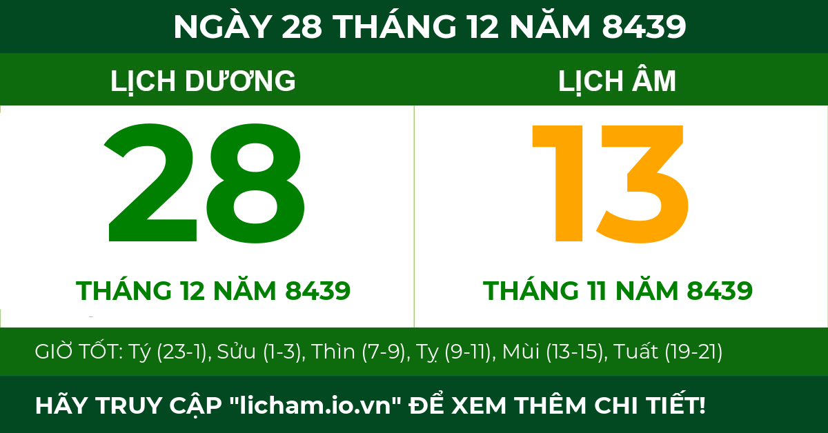 lịch âm ngày 28 tháng 12 năm 8439