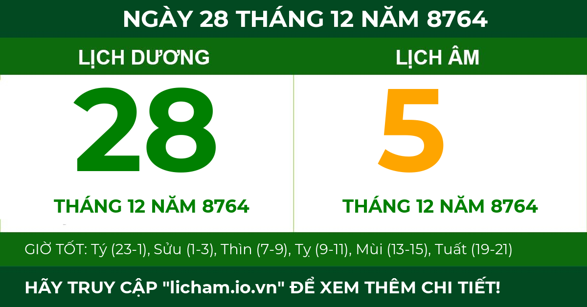 lịch âm ngày 28 tháng 12 năm 8764