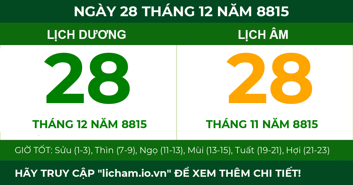 lịch âm ngày 28 tháng 12 năm 8815