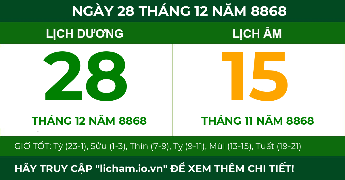 lịch âm ngày 28 tháng 12 năm 8868
