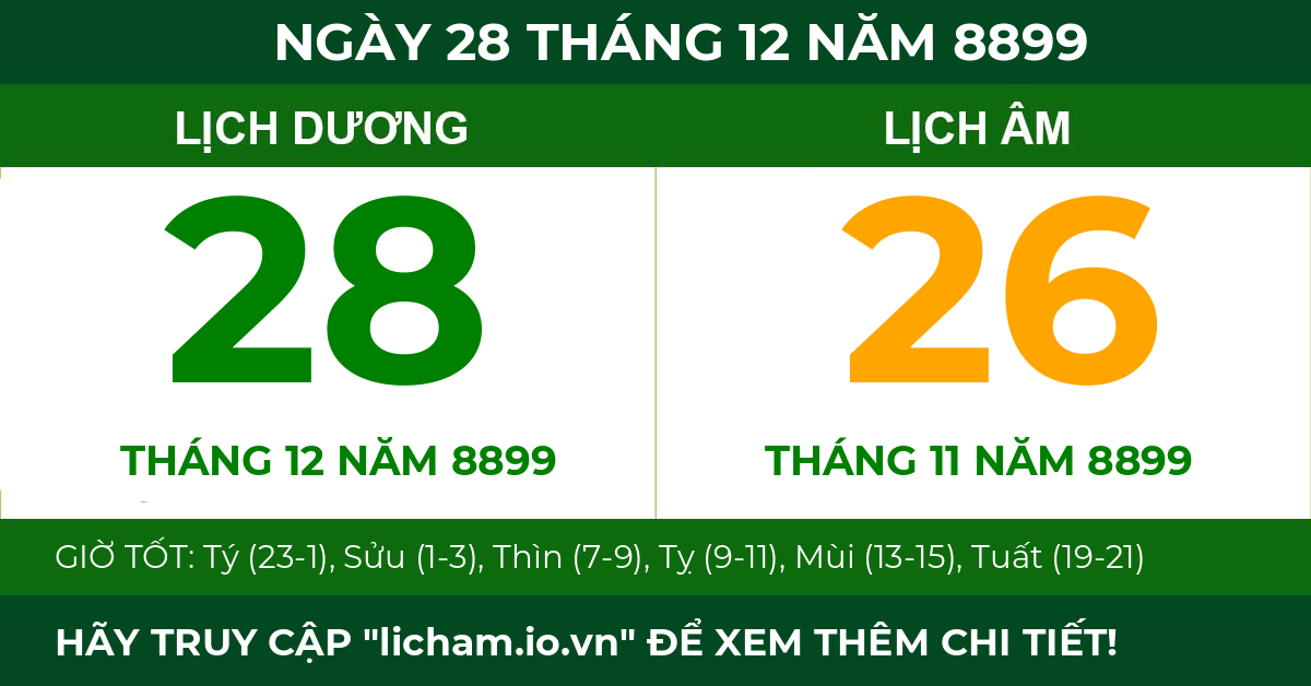 lịch âm ngày 28 tháng 12 năm 8899