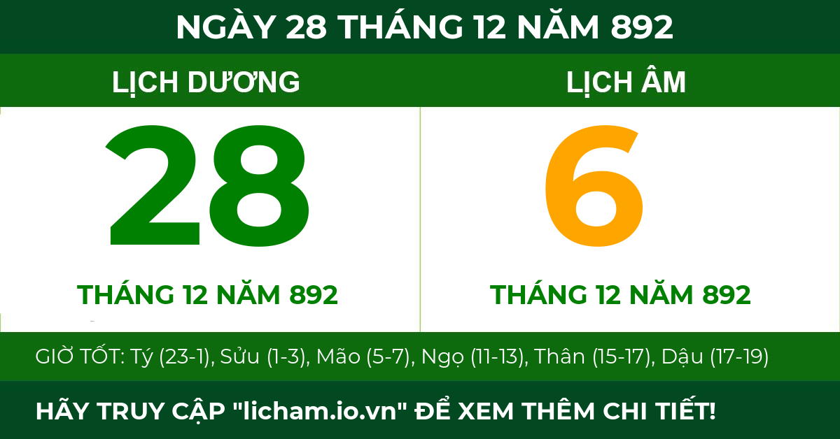 lịch âm ngày 28 tháng 12 năm 892