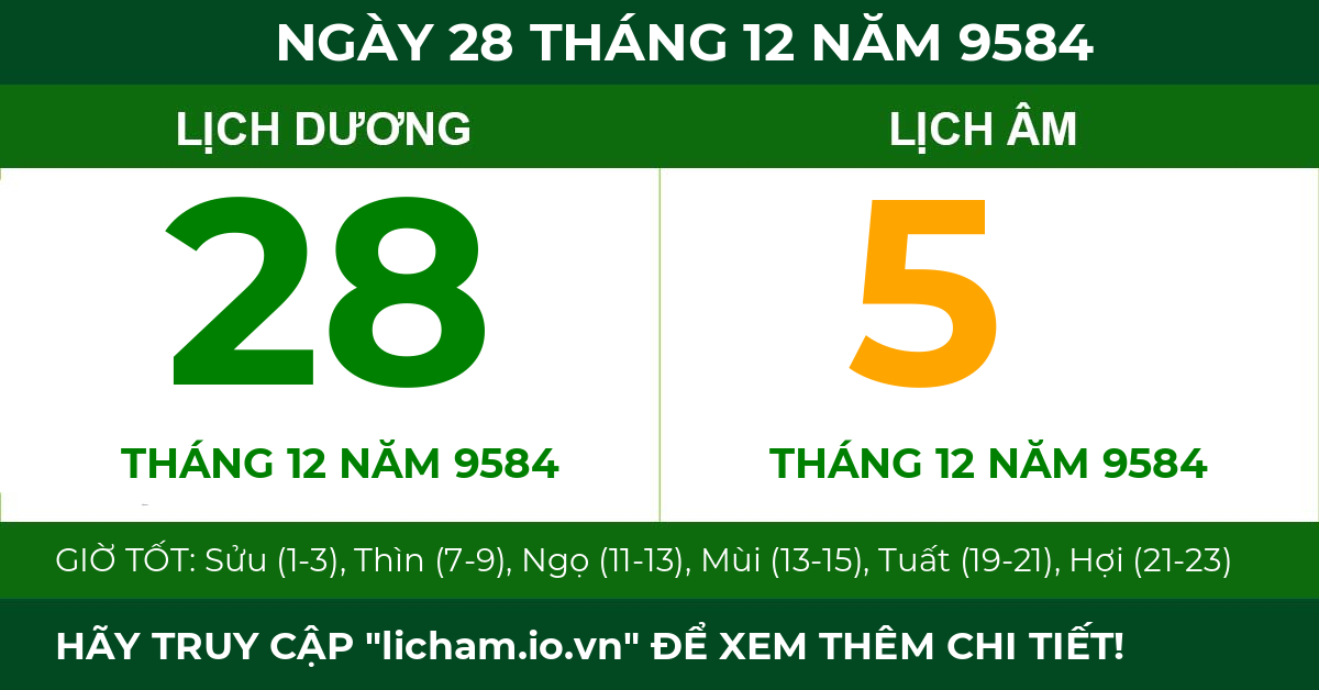 lịch âm ngày 28 tháng 12 năm 9584