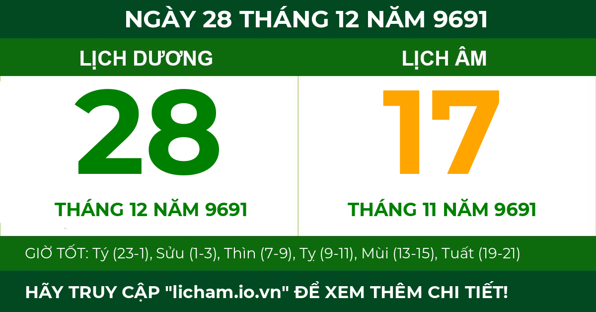 lịch âm ngày 28 tháng 12 năm 9691