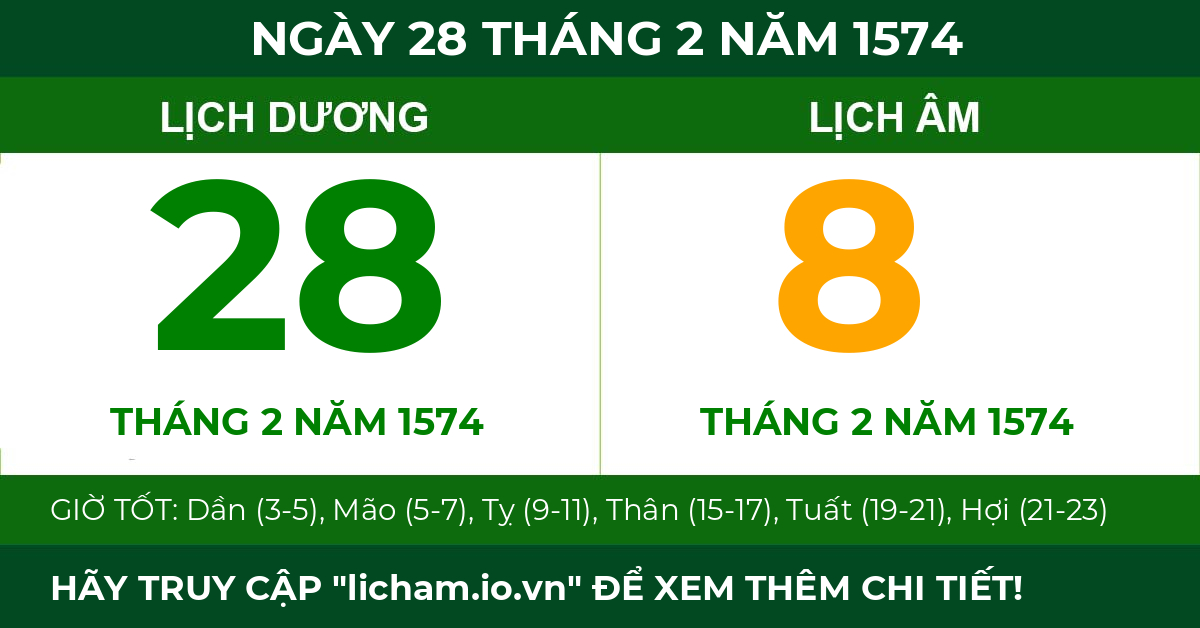 lịch âm ngày 28 tháng 2 năm 1574