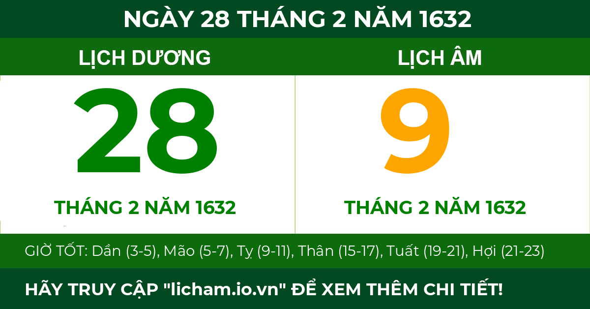 lịch âm ngày 28 tháng 2 năm 1632