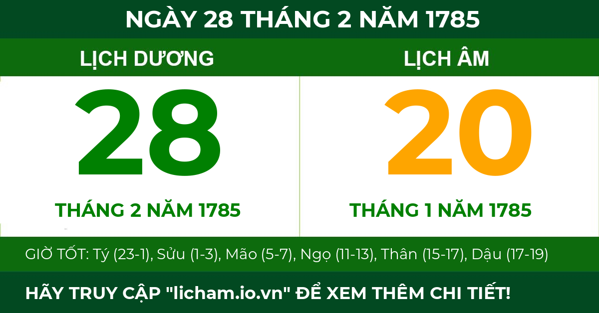 lịch âm ngày 28 tháng 2 năm 1785